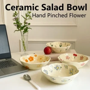 1PCS Ceramic Salad Bowl Hand Pinched Irregular Ins Korean Style Cream Yellow Yogurt Bowl Oatmeal Breakfast Plates Flower Bowl