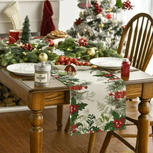 Christmas Pine Cones Holly Berry Linen Table Runner Winter Xmas Party Decor Kitchen Dining Table Runners Christmas Decorations