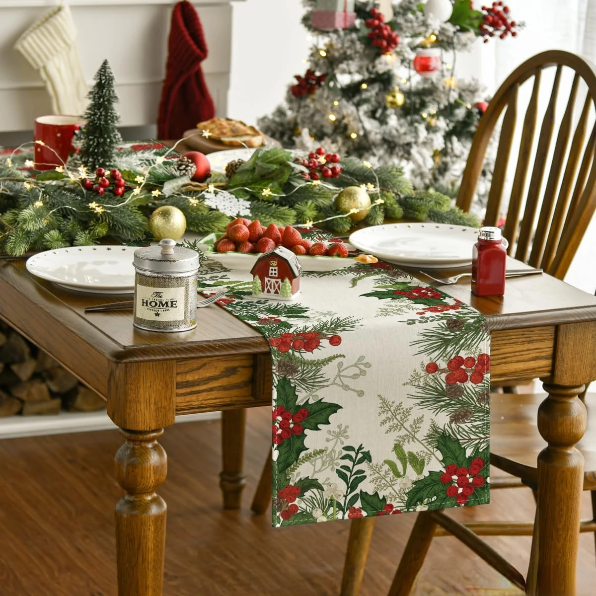Christmas Pine Cones Holly Berry Linen Table Runner Winter Xmas Party Decor Kitchen Dining Table Runners Christmas Decorations - Image 5