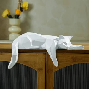 White Black Cat Statue - Geometric Modern Room Decor Figurine Sculpture for Home Office as Table Shelf Desk Decor  Lying Cat