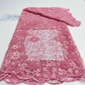Luxurious Nigerian African Beaded Lace Fabric High Quality Sequins Embroidery African French Lace Fabric For Sewing 2.5 Yards