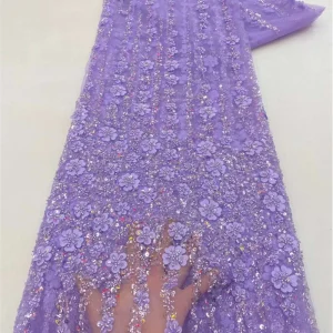 African Lace Fabric 2025 High Quality French 3D Flower Sequins Embroidery Beads Tulle Lace Fabric For Party Dress