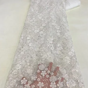 African Lace Fabric 2025 High Quality French 3D Flower Sequins Embroidery Beads Tulle Lace Fabric For Party Dress