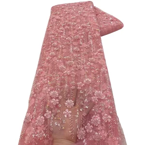 African Lace Fabric 2025 High Quality French 3D Flower Sequins Embroidery Beads Tulle Lace Fabric For Party Dress