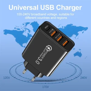 Type C USB  Charger 4 Ports 3.0 PD Cell Mobile Phone Power  Adapter For iPhone Samsung Xiaomi Black