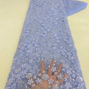 African Lace Fabric 2025 High Quality French 3D Flower Sequins Embroidery Beads Tulle Lace Fabric For Party Dress