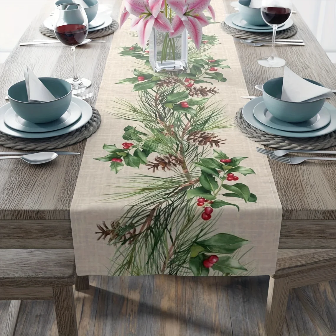 Christmas Pine Cones Holly Berry Linen Table Runner Winter Xmas Party Decor Kitchen Dining Table Runners Christmas Decorations - Image 2