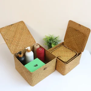 Set of 4 Seagrass Basket with Lid Wicker Storage Basket Decor Storage Boxes Flat Storage Bins Woven Organizer Baskets for Shelf