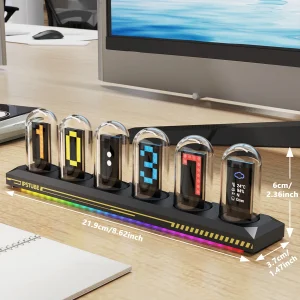 USB Powered RGB Nixie Tube Clock with IPS Color Screen, Corded Electric Aluminum Oval Alarm Clock with Charging Port, Metal Fram