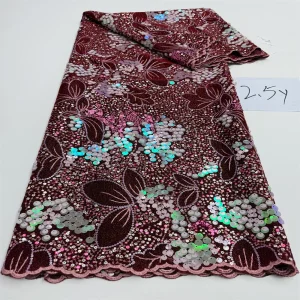 Luxurious Nigerian African Beaded Lace Fabric High Quality Sequins Embroidery African French Lace Fabric For Sewing 2.5 Yards