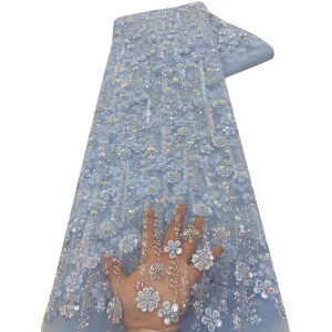 African Lace Fabric 2025 High Quality French 3D Flower Sequins Embroidery Beads Tulle Lace Fabric For Party Dress