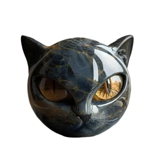 Decorative Black Cat Stone Figurine Resin Cat Head Healing Stone Marble Texture Cat Stone Keepsake Gift Office Desk Cats Decor