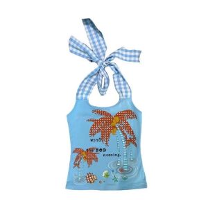 Girls Plaid Patchwork Lace-Up Halter Camisole For Women