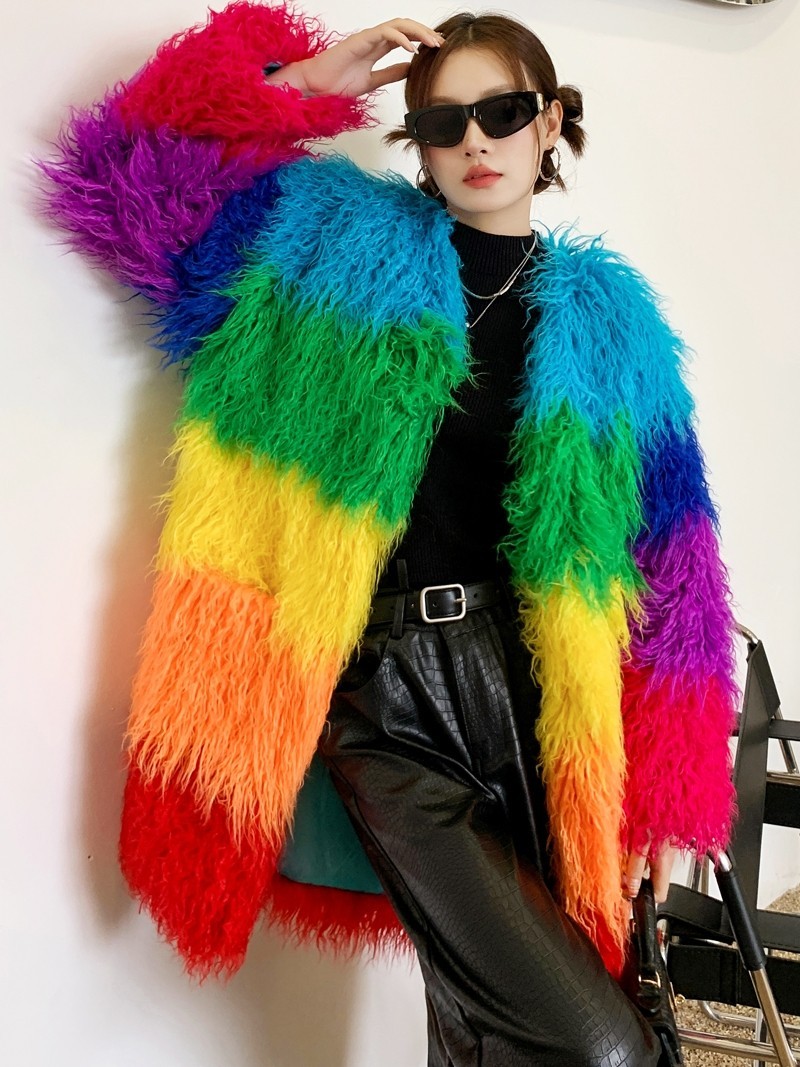 Contrast-color Plush Patchwork Coat Winter Lambswool Coat - الصورة 2
