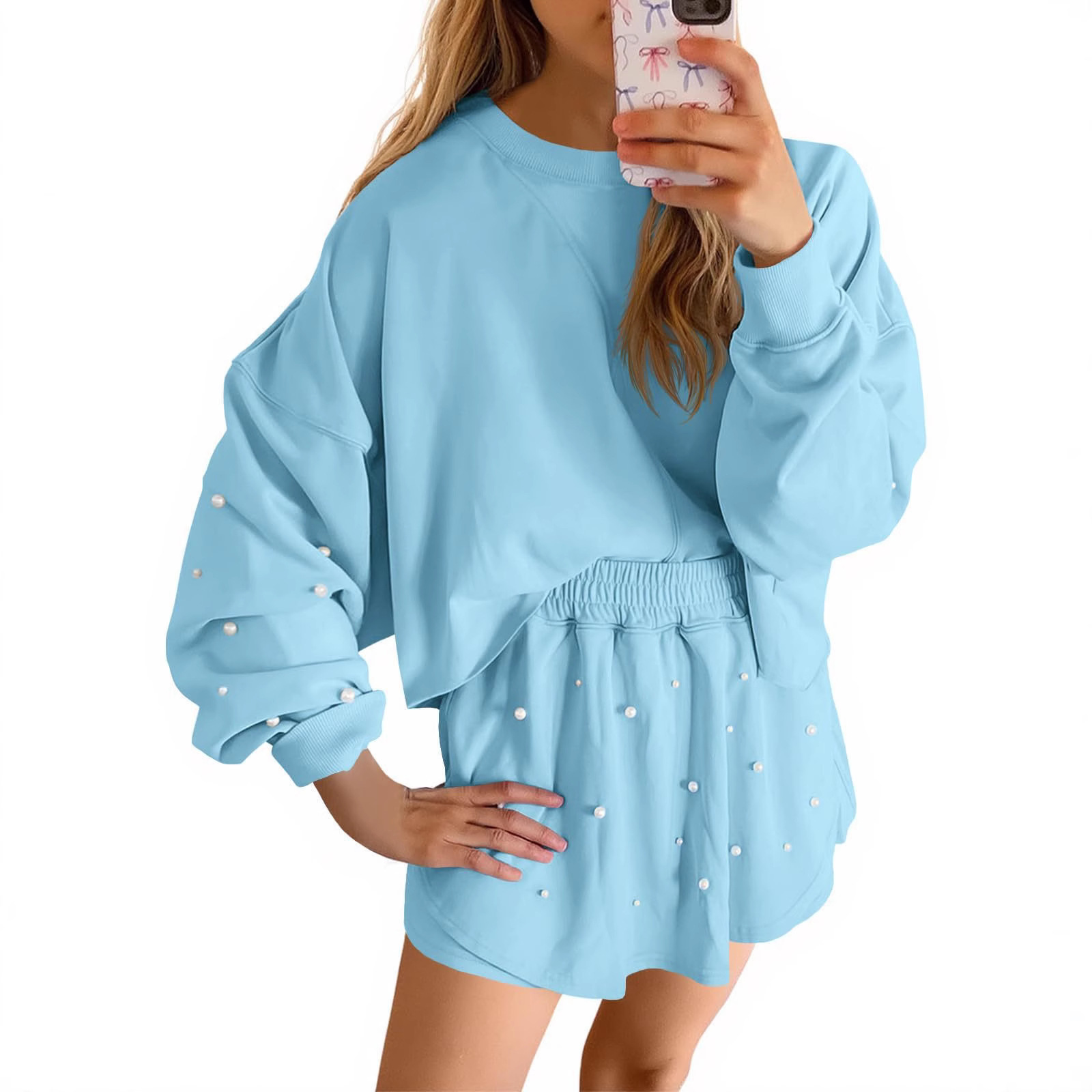 Womens Casual Long-sleeve Top And Shorts Set - الصورة 4