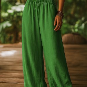 Women's Cotton And Linen Loose Pure Color Elastic Waist Pocket Straight Casual Pants