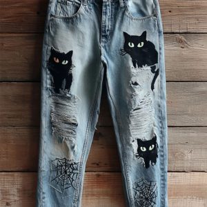 New Fashion Digital-print Denim Straight-leg Pants