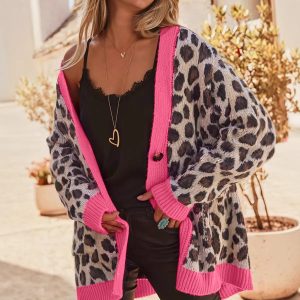 Womens Winter Long-Sleeve, Long-Style, Fashionable Leopard-Print Loose Cardigan