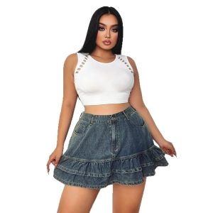 Womens Flounced A-Line High-Waist Denim Skirt