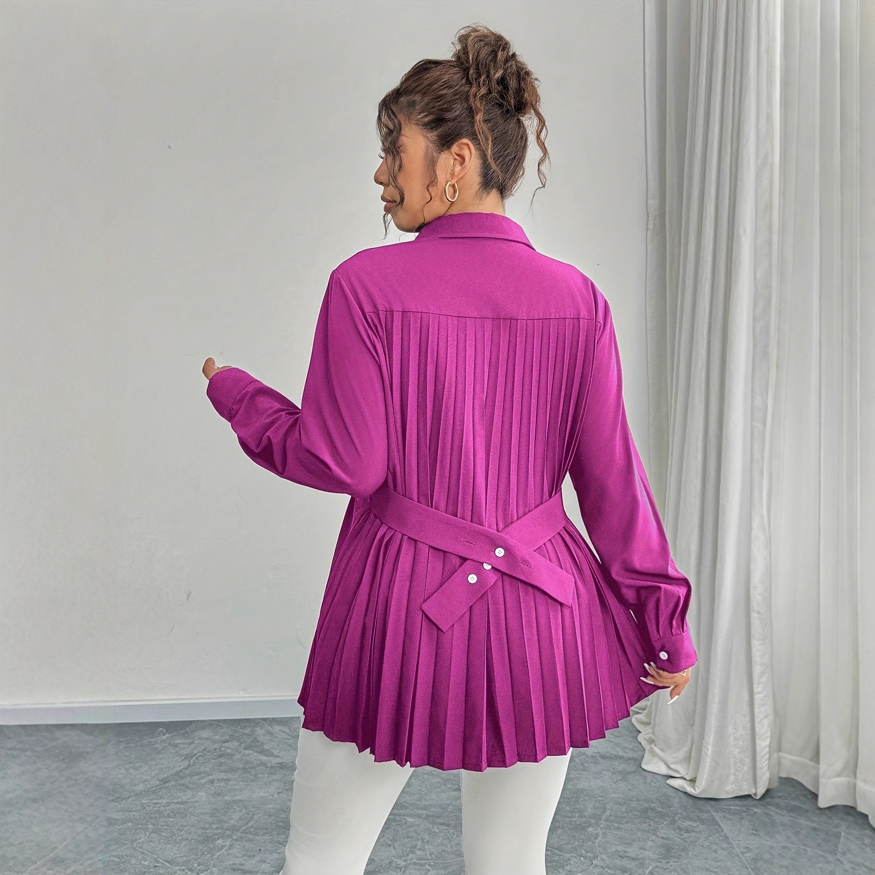 Elegant Casual Solid-color Shirt With Waist Pleats - الصورة 2