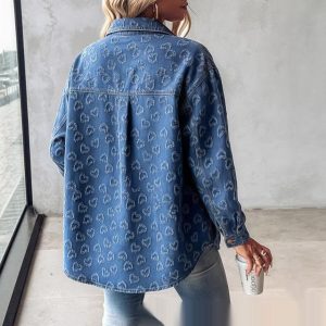 Womens Retro Full Print Heart Jacquard Denim Jacket