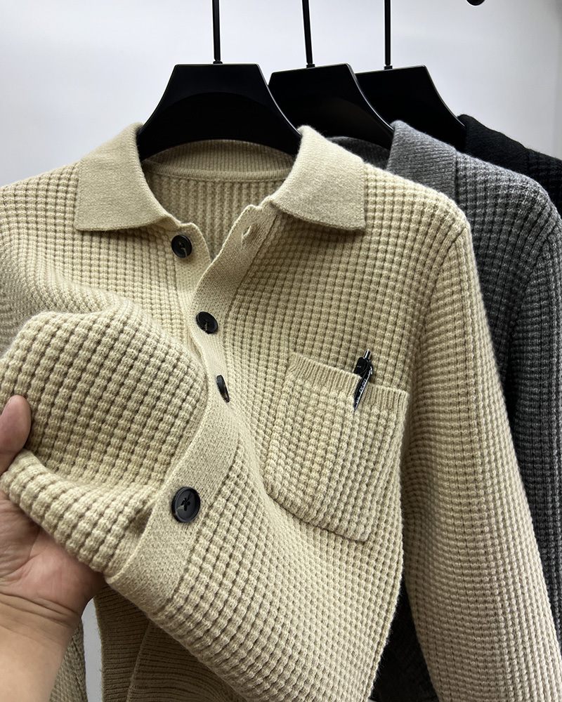 Casual Solid-Color Pocket Lapel Knit Sweater Coat - الصورة 6