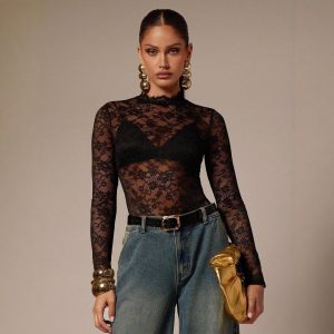 Womens Solid-Color Lace Bodysuit With Small Stand Collar And Long Sleeves