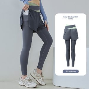 New Color-block Faux Two-piece Yoga Pants With Side Pockets