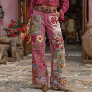 Women's Digital Printed Color Flower Simulation Jeans
