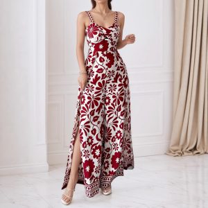 Elegant Womens Floral Print Wrap-Style Jumpsuit With Straps