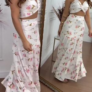 Floral Print Twist Crop Top & Ruffle Skirt Set