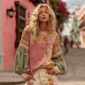 Womens Fashionable Casual 3D-Printed Loose Crew-Neck Pullover Long-Sleeve Sweater