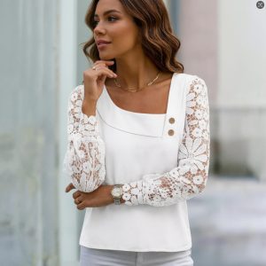 Womens Fashion Solid-Color Long-Sleeve Lace-Patchwork Shirt