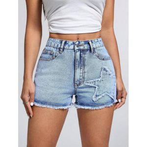 Womens Casual Stylish Raw-edge Star Denim Shorts