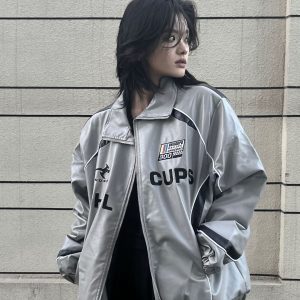 Loose American Couple Embroidered Motorcycle PU Jacket