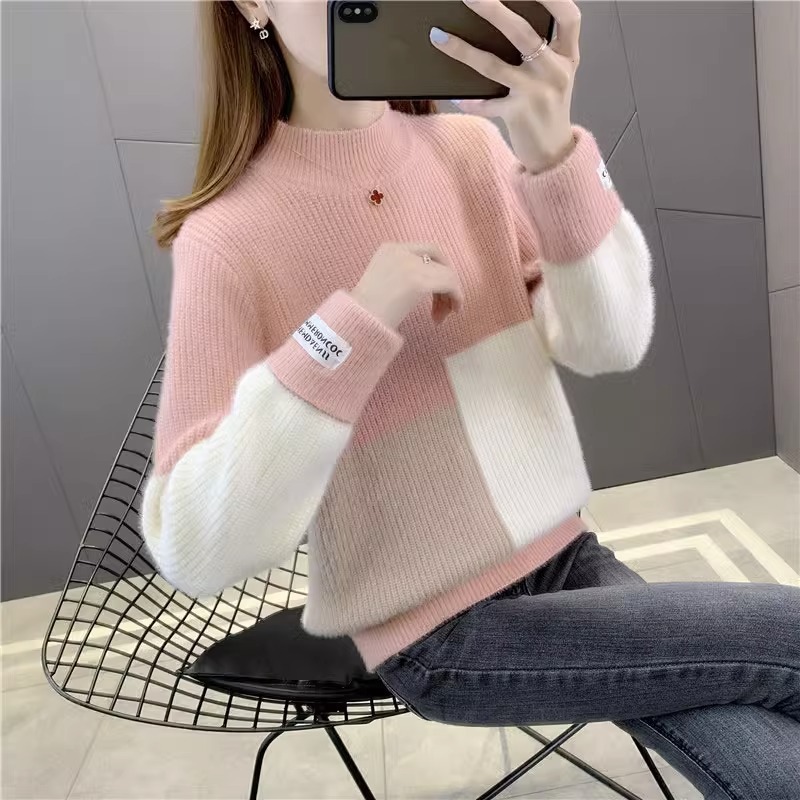 Womens High-Waisted Colorblock Mink-Blend Sweater - الصورة 7