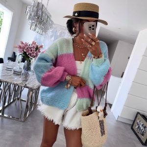 New Colorful Plaid Patchwork Contrast-color Knit Sweater Jacket With Gold Thread