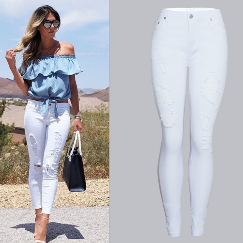 Womens Trendy Slim-fit Solid-color White Ripped Skinny Pants