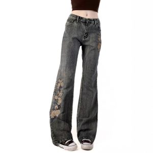 Denim-style Casual Pants With Floral Embroidery