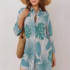 Printed Lapel Single-breasted Cardigan Shirt Dress