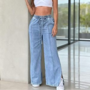 Loose-fit Denim Jeans With A Slit And Elastic Waist