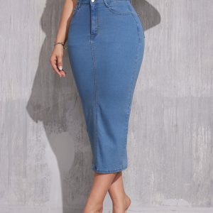 Womens Solid-Color High-Waist Plus-Size Split Pencil Skirt