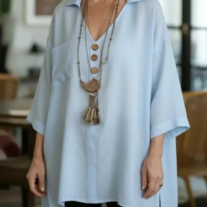 Loose-fit Cotton-linen Top With Buttons For Women