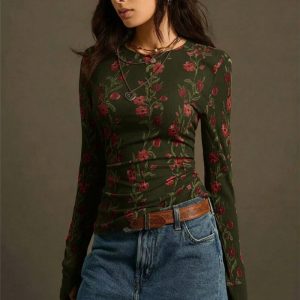 New Womens Retro Floral-print Knit Slim-fit