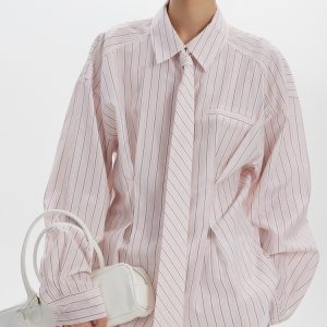 Turn-down Collar Long-sleeve Striped Shirt With Tie