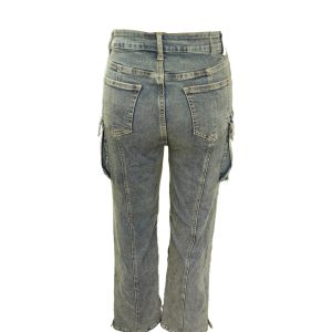 Workwear Style Distressed Washed Denim Jeans