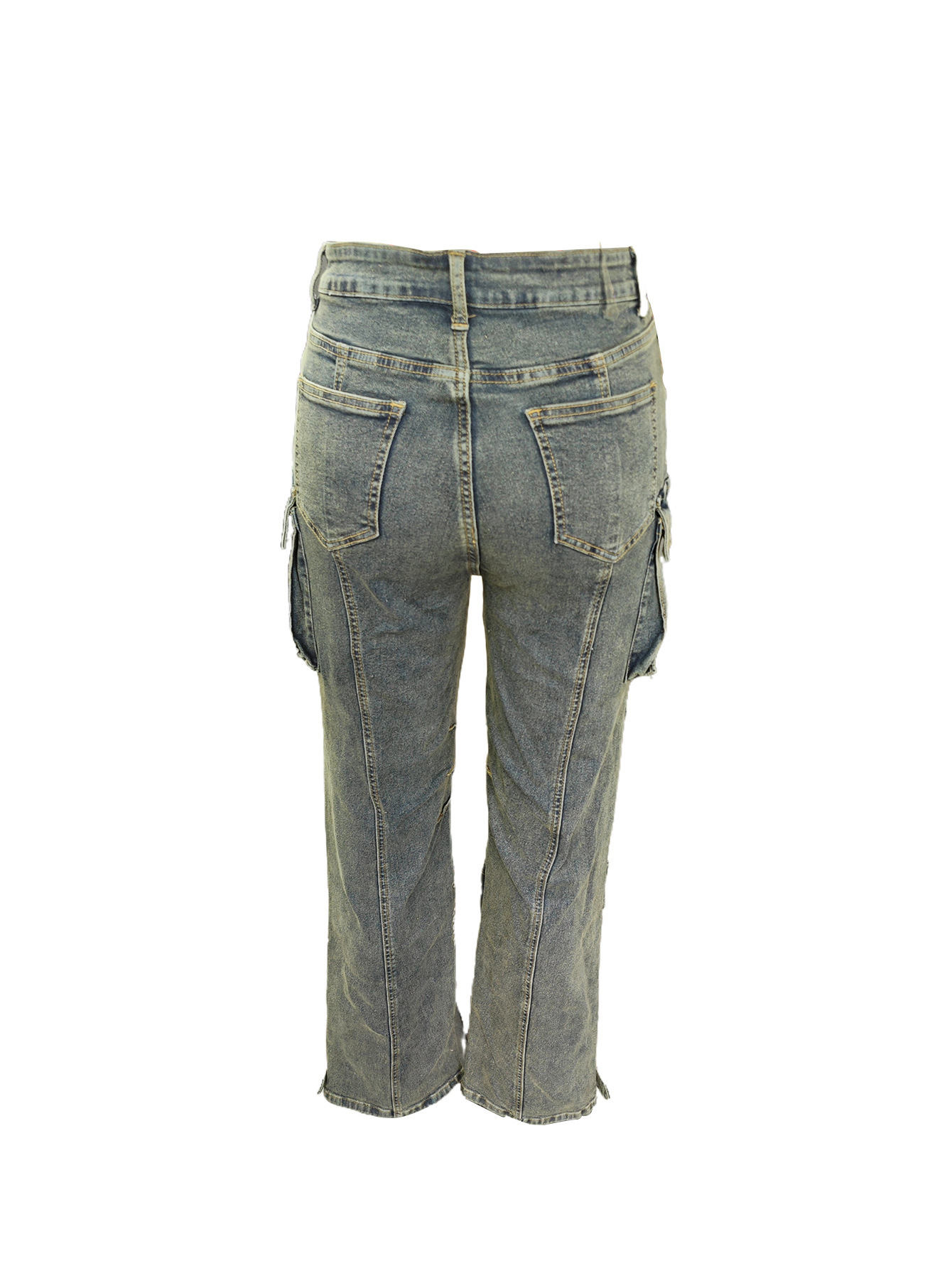 Workwear Style Distressed Washed Denim Jeans - Image 4