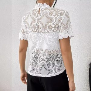 Womens White Lace-panel Trim Top