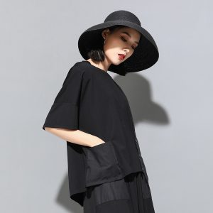 Womens Stylish, Personalized Patchwork Asymmetrical Short-Sleeve Top