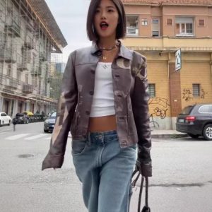 Fashionable Minimalist Versatile Printed Leather Short Jacket With Long Sleeves